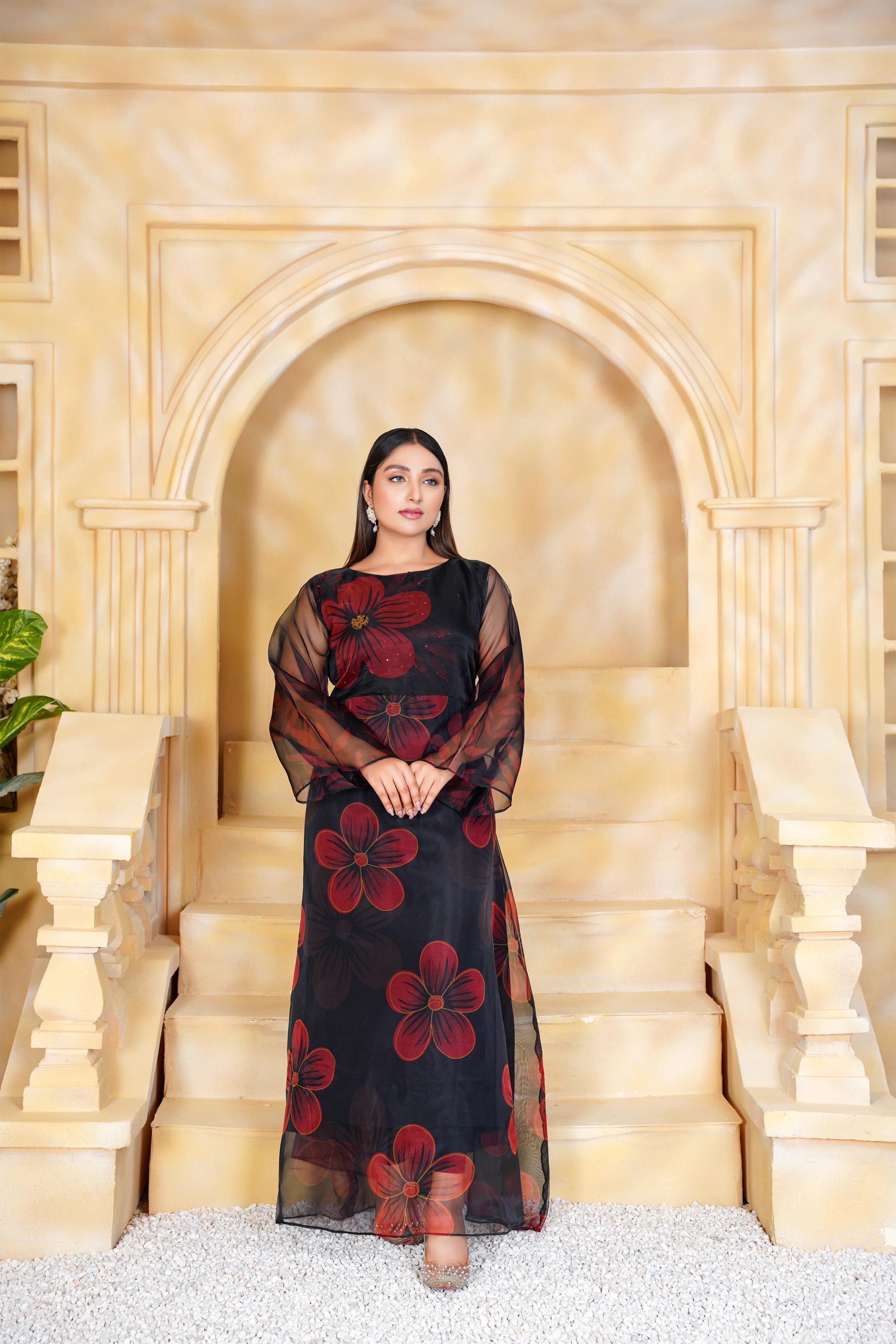Black Long Maxi with Floral Hand Embellishments